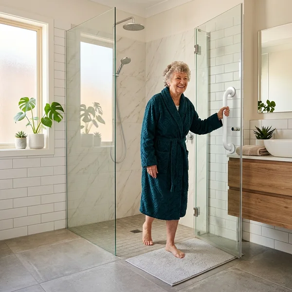 Senior woman stepping safely out of shower using GripStead Pro handle